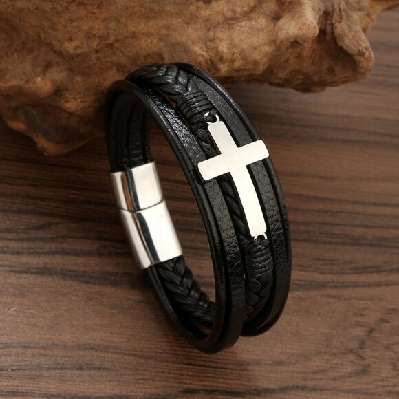 LEATHER 3 JOINED BRACELETS STAINLESS CLASP SILVER CROSS ADJUSTABLE UNISEX NWT - Picture 9 of 9